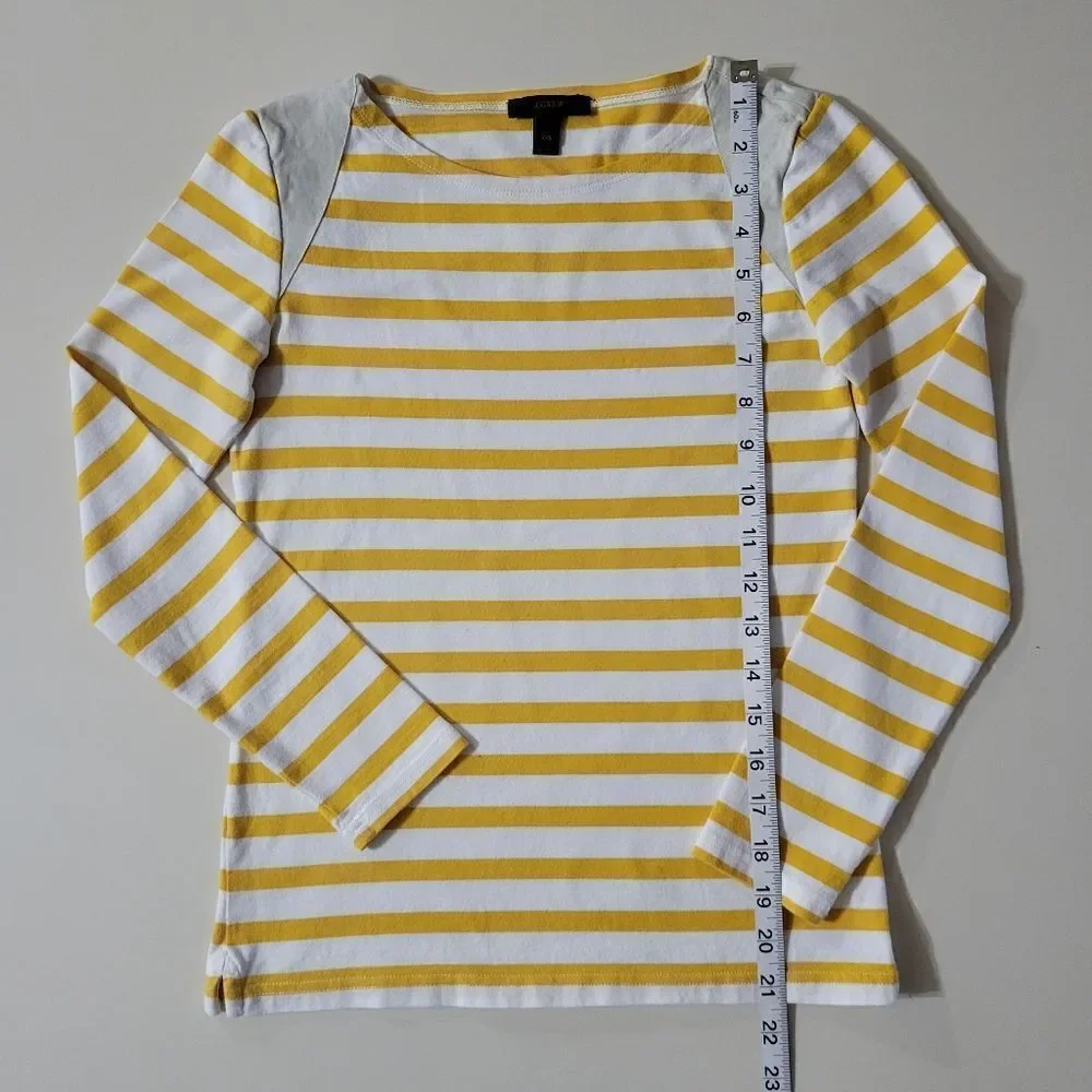 J.Crew Women's Crewneck Yellow Stripe Suede Shoulder Long Sleeve Pullover Top